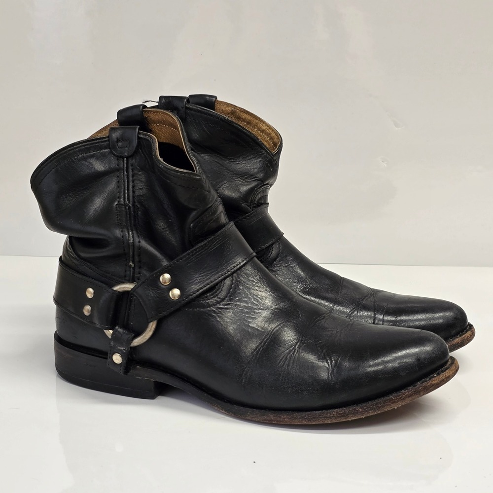 Frye Wyatt Harness Ankle Boots Womens 8.5 B Black Leather Moto Biker Grunge